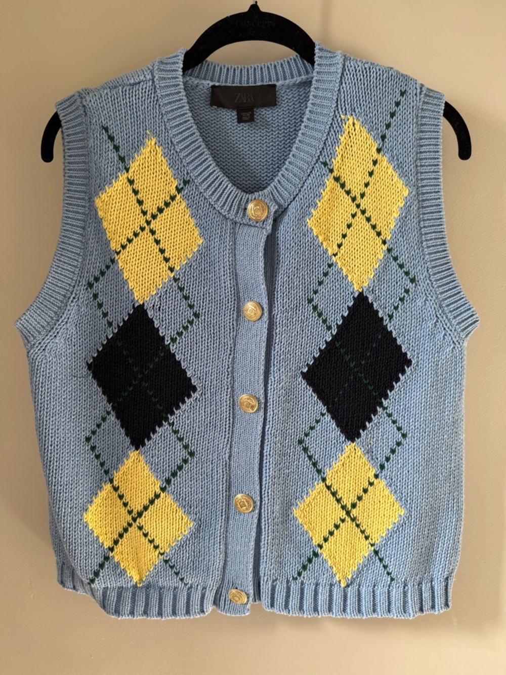 Zara Blue Argyle Knit Button-Up Vest with Yellow & Black Diamonds